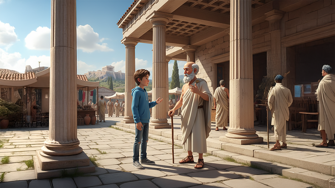 Education — Greek historian NPC in ancient environment